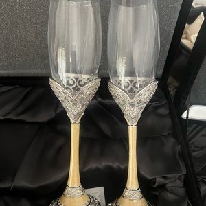 Wedding Champagne Toasting Glass Flutes and Cake Cutting Set-Ivory